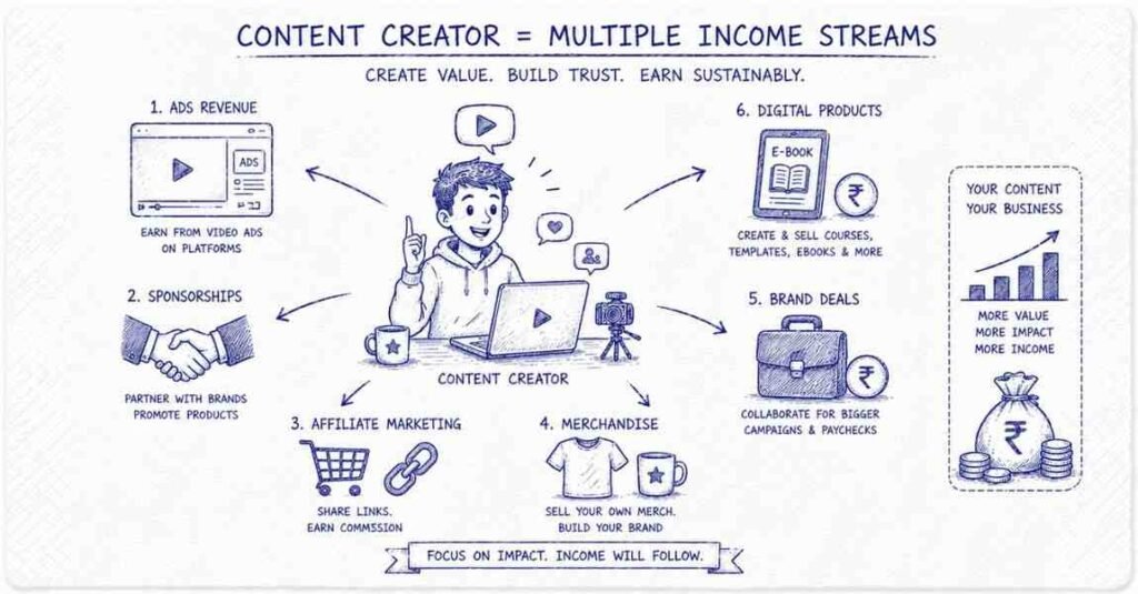 "Content creator monetization through ads sponsorships affiliate marketing and merchandise"