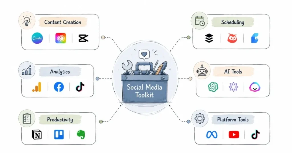 Social media tools ecosystem for content creation scheduling analytics AI tools and productivity workflows
