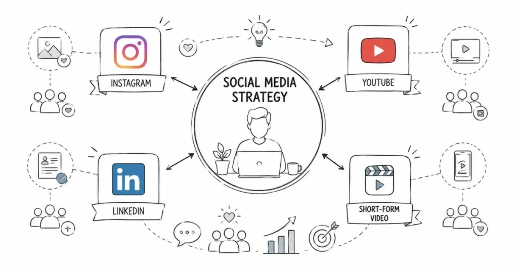 Social media platform ecosystem connecting creators, audiences, engagement, and content strategy.