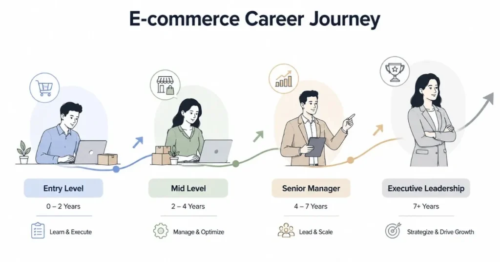 E-commerce career path progression from entry-level roles to executive leadership. | FLM | FrontlinesEduTech