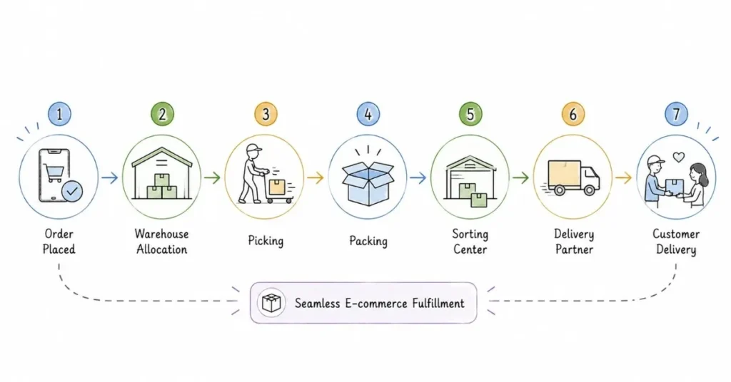 E-commerce order fulfillment journey from warehouse to customer delivery | FLM | FrontlinesEduTech