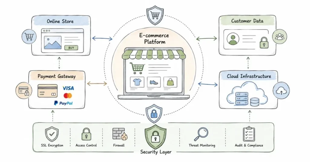 E-commerce cybersecurity ecosystem protecting customer data and online transactions | FLM | FrontlinesEduTech