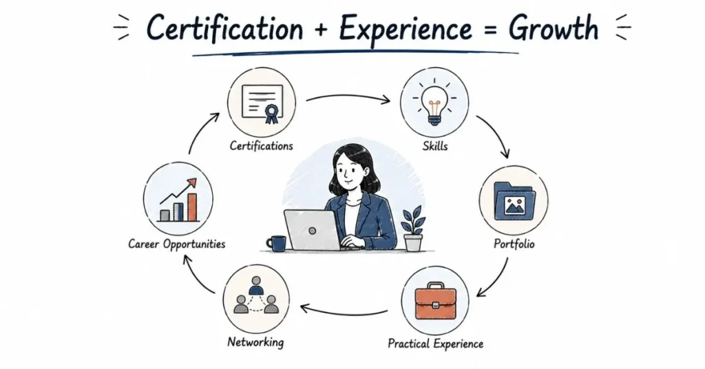 Social media career growth through certifications, skills and practical experience.