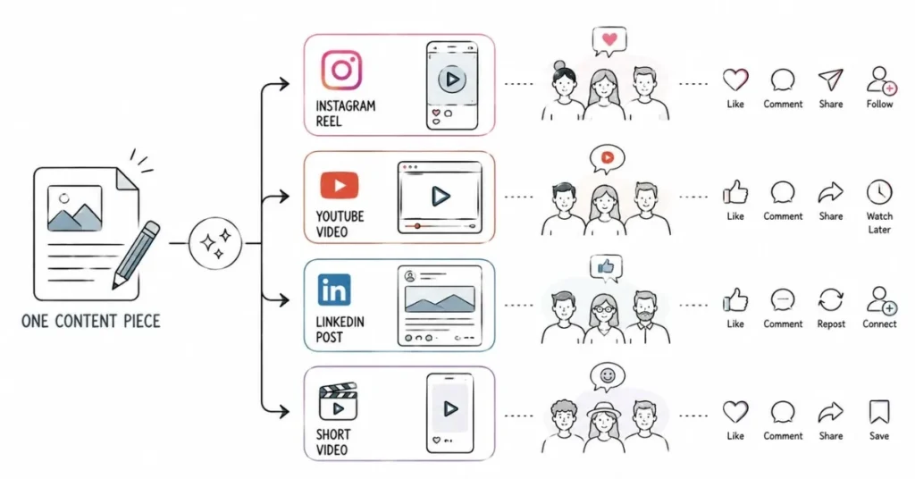 Content adapted into multiple formats for different digital platforms and audience behaviors.