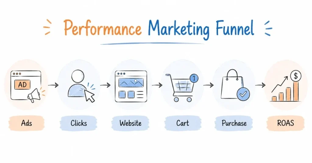 Performance marketing funnel showing paid advertising conversion journey | FLM | FrontlinesEduTech