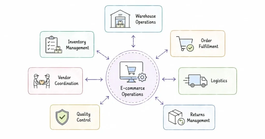 E-commerce operations ecosystem connecting fulfillment, inventory and logistics | FLM | FrontlinesEduTech