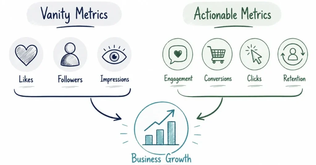 Difference between vanity metrics and actionable social media metrics.
