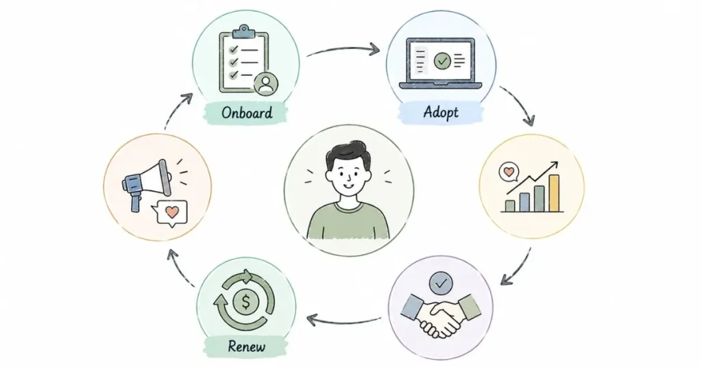 Customer Success lifecycle showing onboarding, adoption, retention, and renewal stages. | FLM | FrontlinesEduTech
