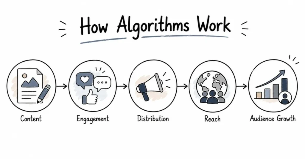 Social media algorithm workflow showing content distribution process.