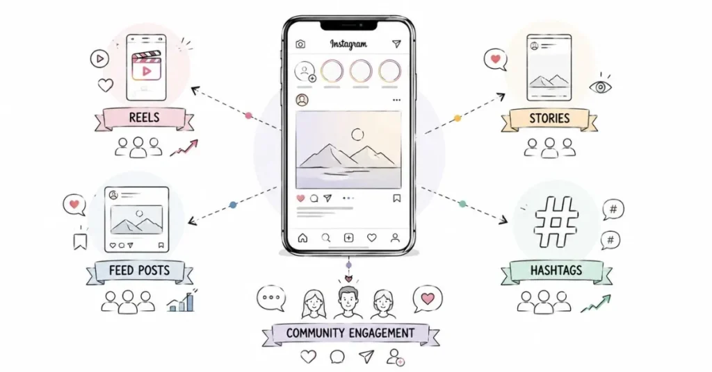 Instagram content ecosystem featuring Reels, Stories, feed posts, hashtags, and engagement tools.