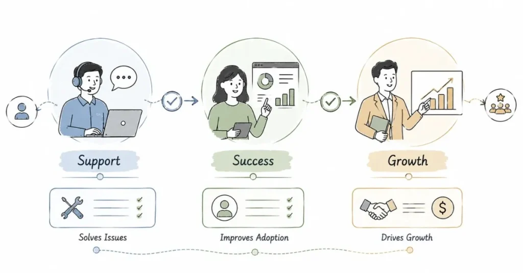 Customer Success comparison with support and account management responsibilities. | FLM | FrontlinesEduTech