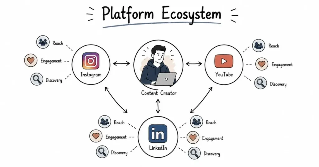 Social media platforms connected through content distribution and engagement.