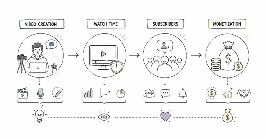 YouTube growth strategy showing video creation, watch time, subscribers, and monetization.