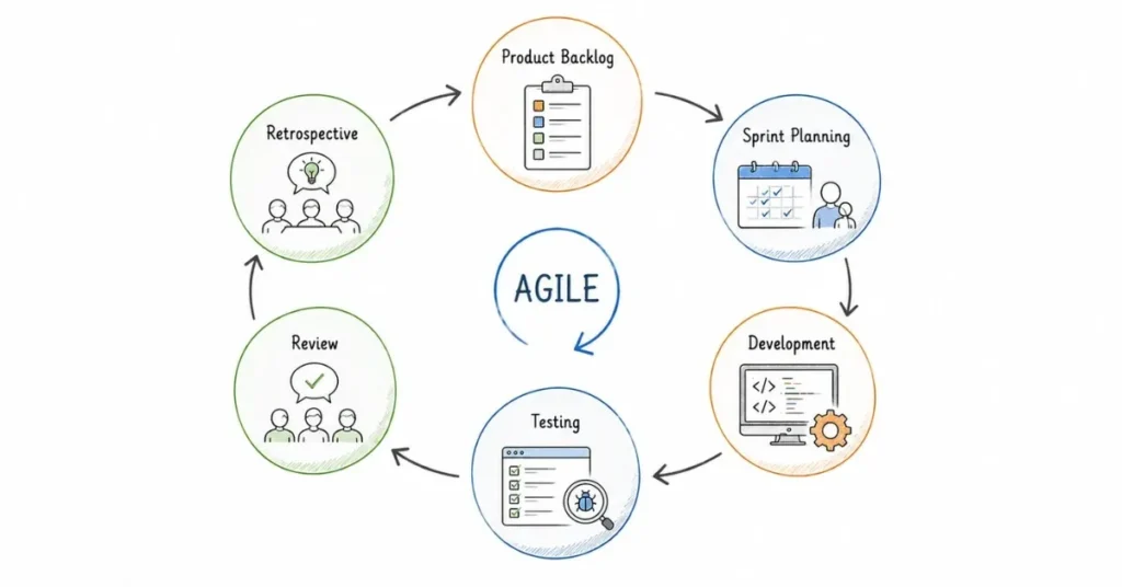 Agile project management framework showing sprint planning, development, testing and retrospective cycles | FLM | FrontlinesEduTech