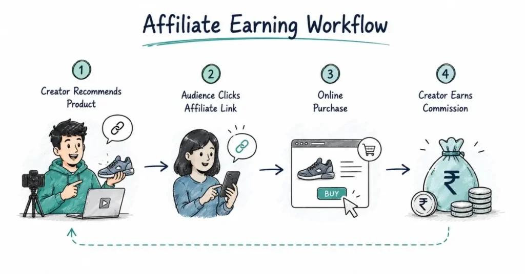 Affiliate marketing process generating commissions from product recommendations.