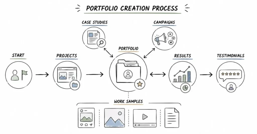 Social media portfolio creation process with projects and testimonials.