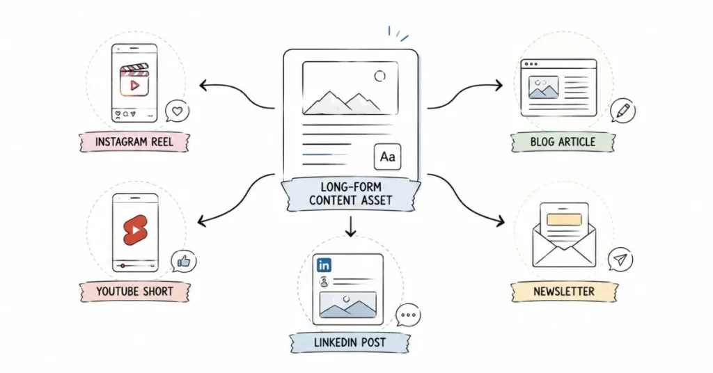 Content repurposing workflow distributing one asset across multiple social media platforms.