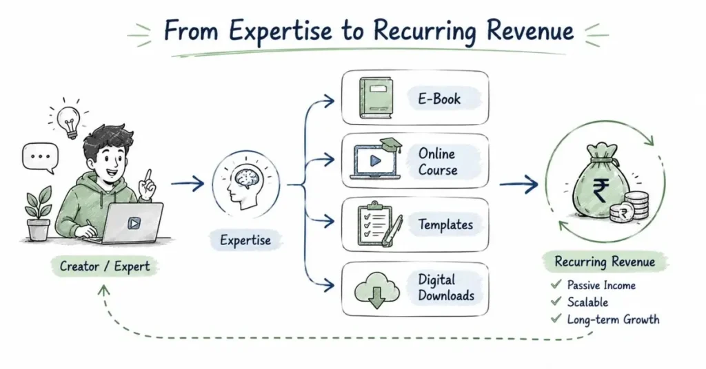 Digital products such as courses ebooks and templates generating creator income.