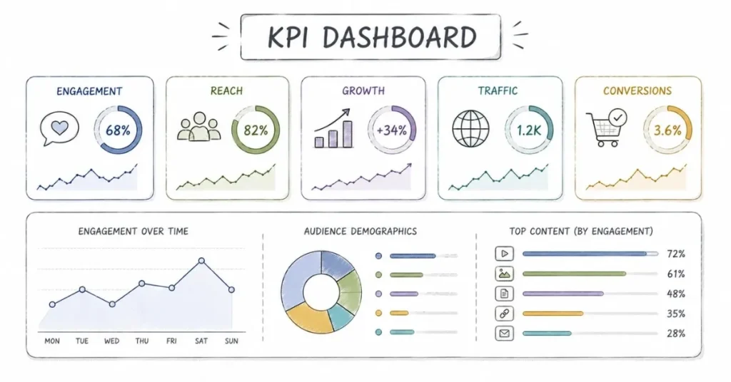 Social media content performance metrics and analytics dashboard
