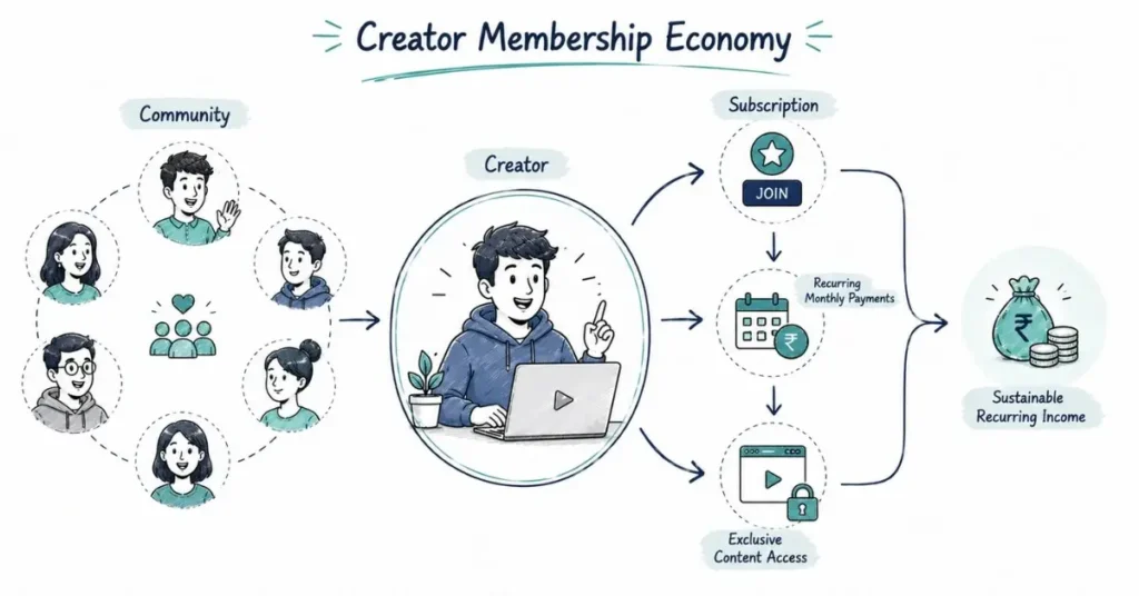 Subscription community model providing recurring revenue for creators.