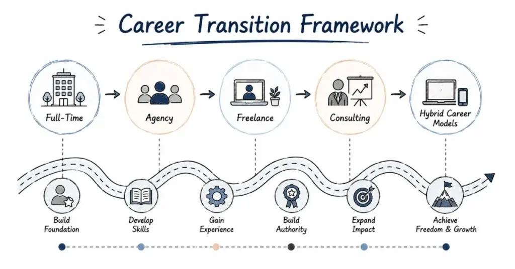 Career transition roadmap between agency, freelance and full-time work.