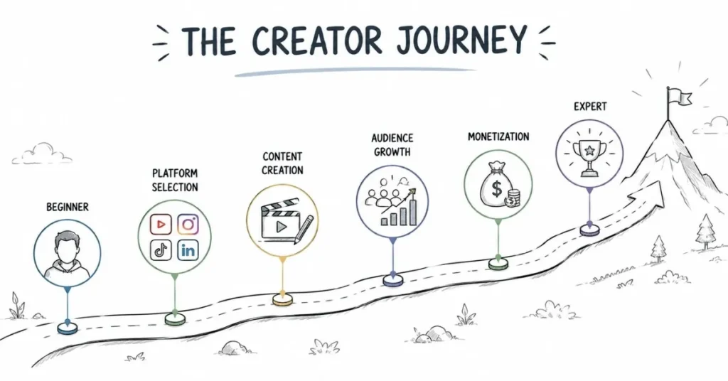 Roadmap illustrating platform mastery through content creation, audience growth, and monetization.