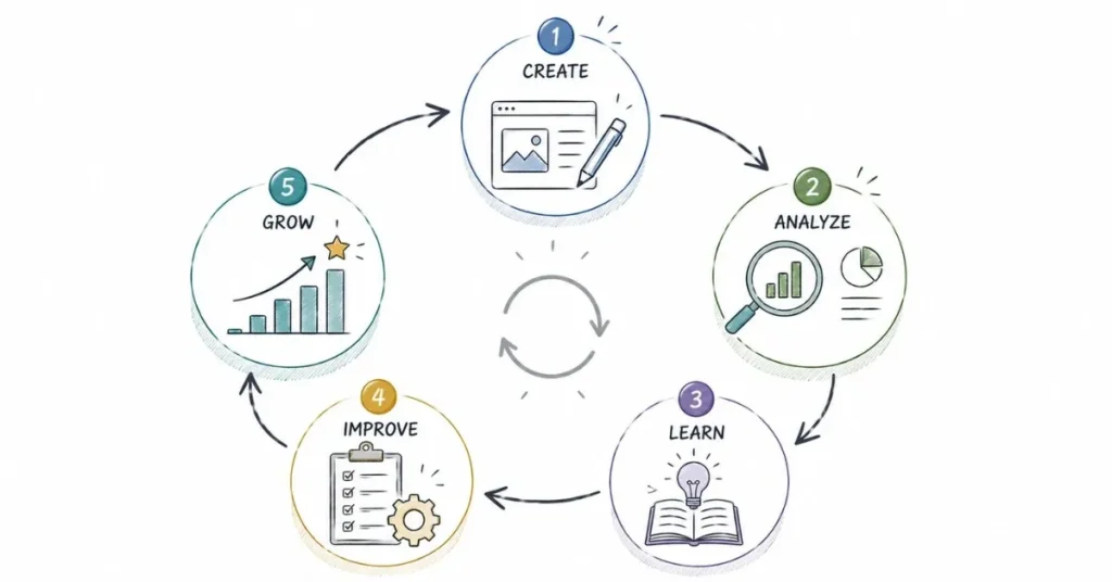 Continuous social media content strategy improvement and growth cycle