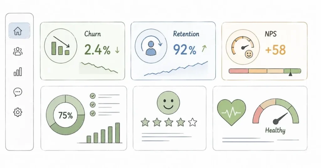 Customer Success dashboard showing churn, NPS, retention, and health score metrics. | FLM | FrontlinesEduTech