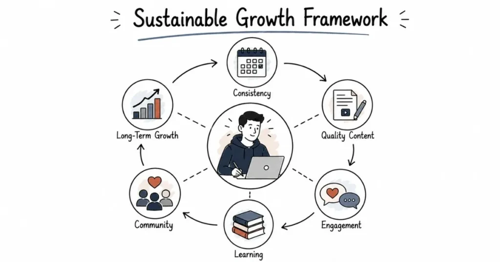 Sustainable social media growth framework built on consistency and engagement.